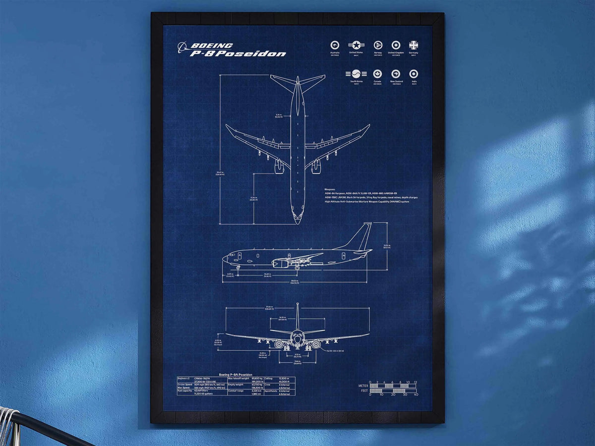 FlyKit Boeing P-8 Poseidon Portrait Blueprint poster with detailed aircraft technical drawings