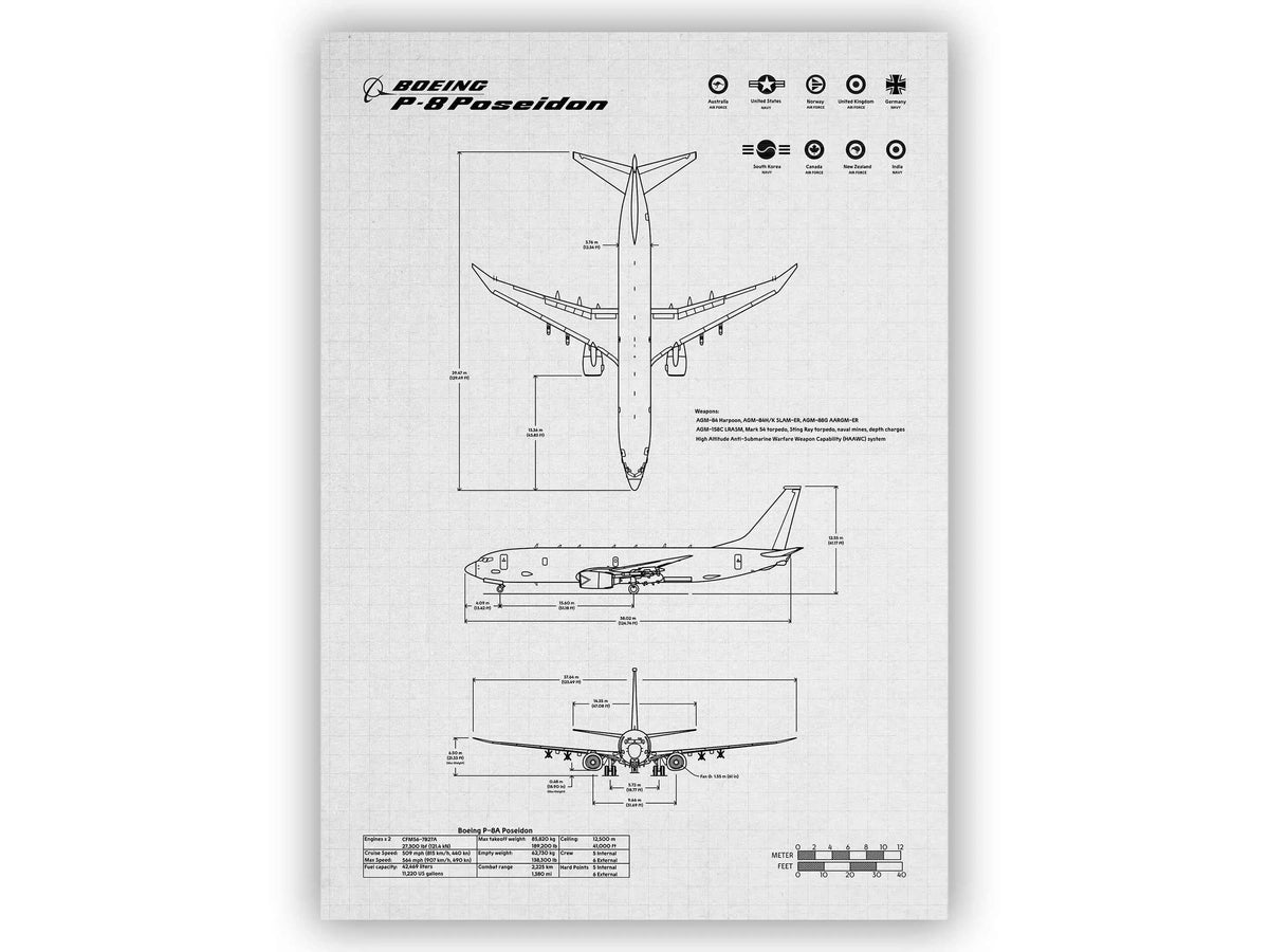 FlyKit Boeing P-8 Poseidon Portrait Blueprint poster showing detailed aircraft technical drawings