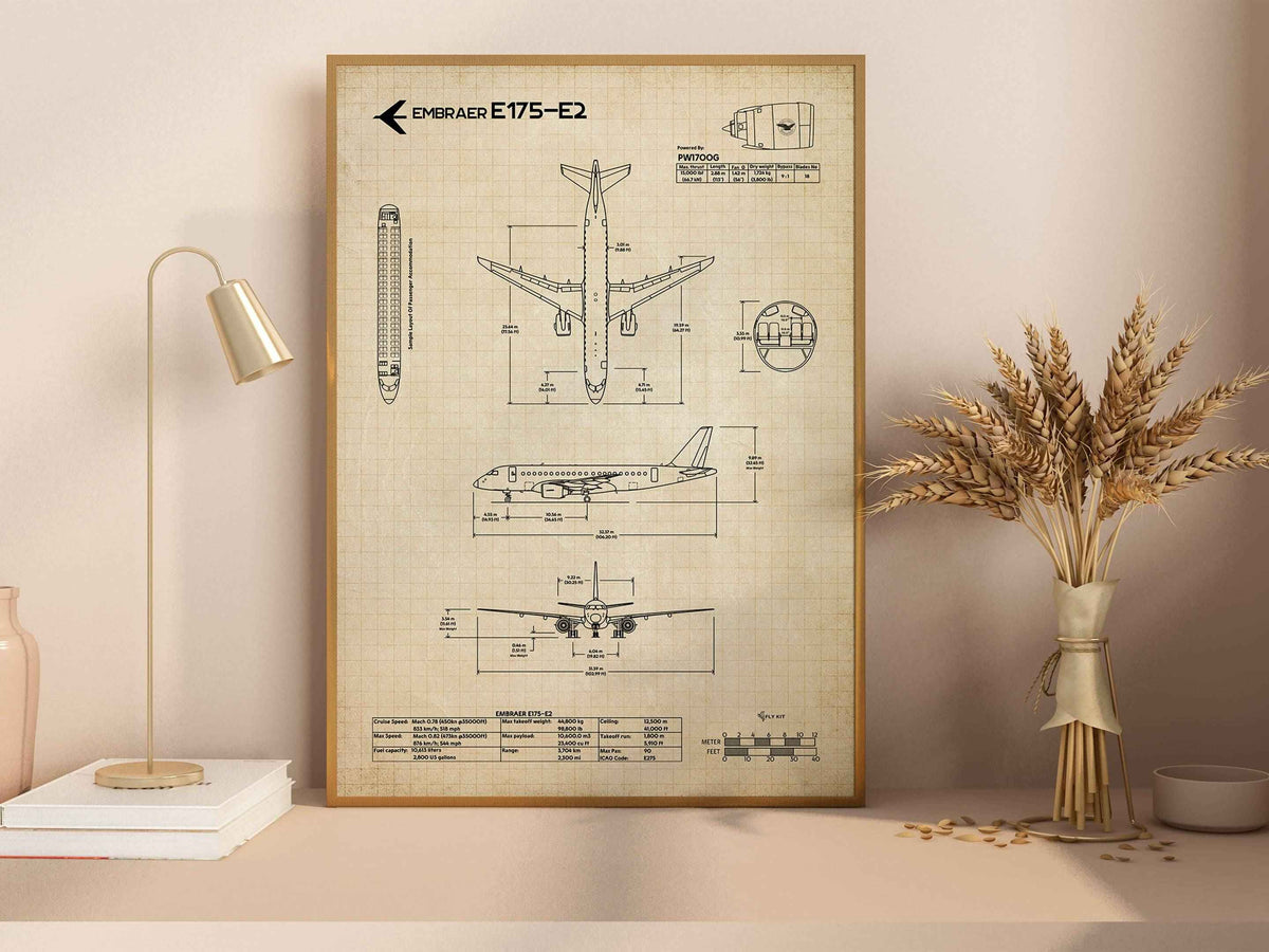 Embraer E175-E2 Portrait Blueprint Poster by FlyKit showing detailed airplane technical drawings in vintage style