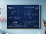 Embraer E190-E2 Landscape Blueprint Poster by FlyKit showing detailed aircraft design in white on blue background