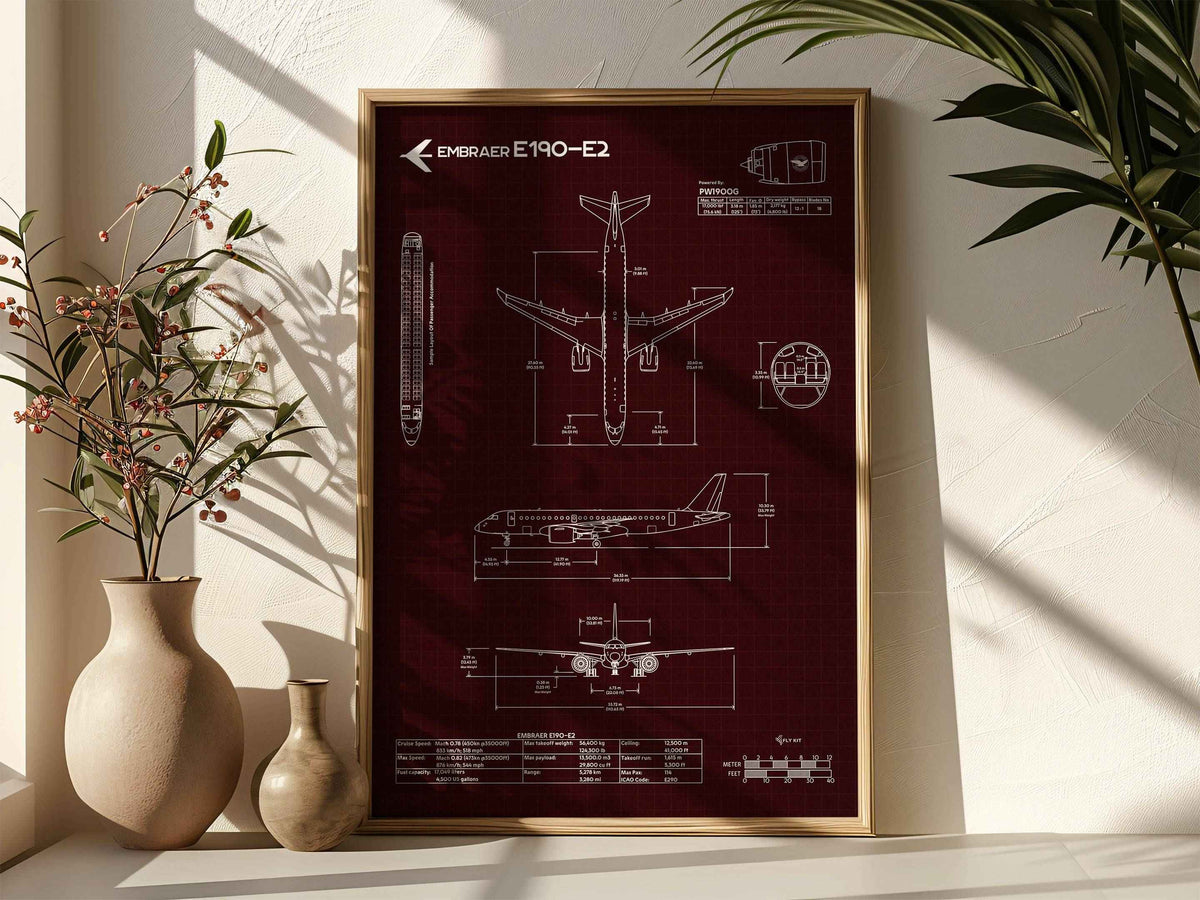 FlyKit Embraer E190-E2 Portrait Blueprint Poster with technical aircraft design on dark background