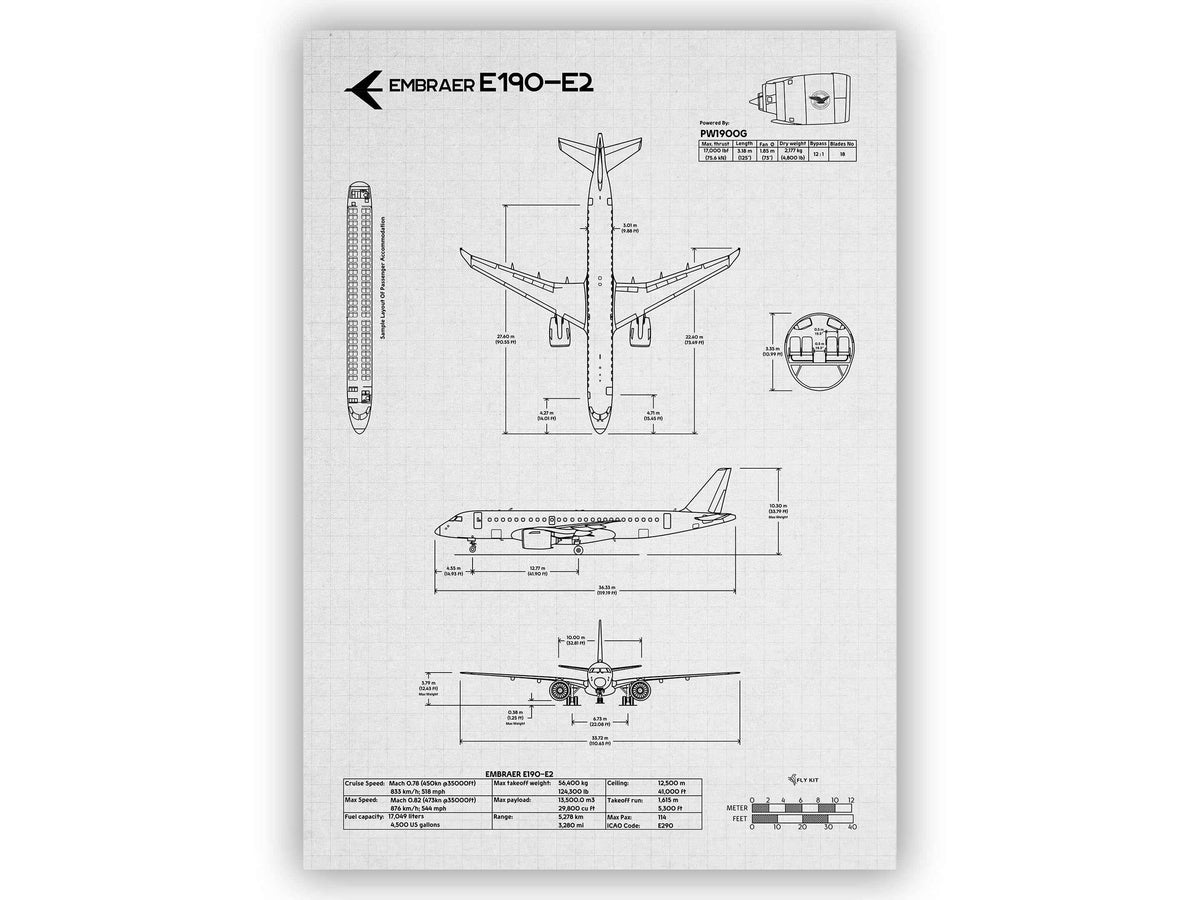 Embraer E190-E2 Portrait Blueprint Poster showing detailed technical aircraft design by FlyKit
