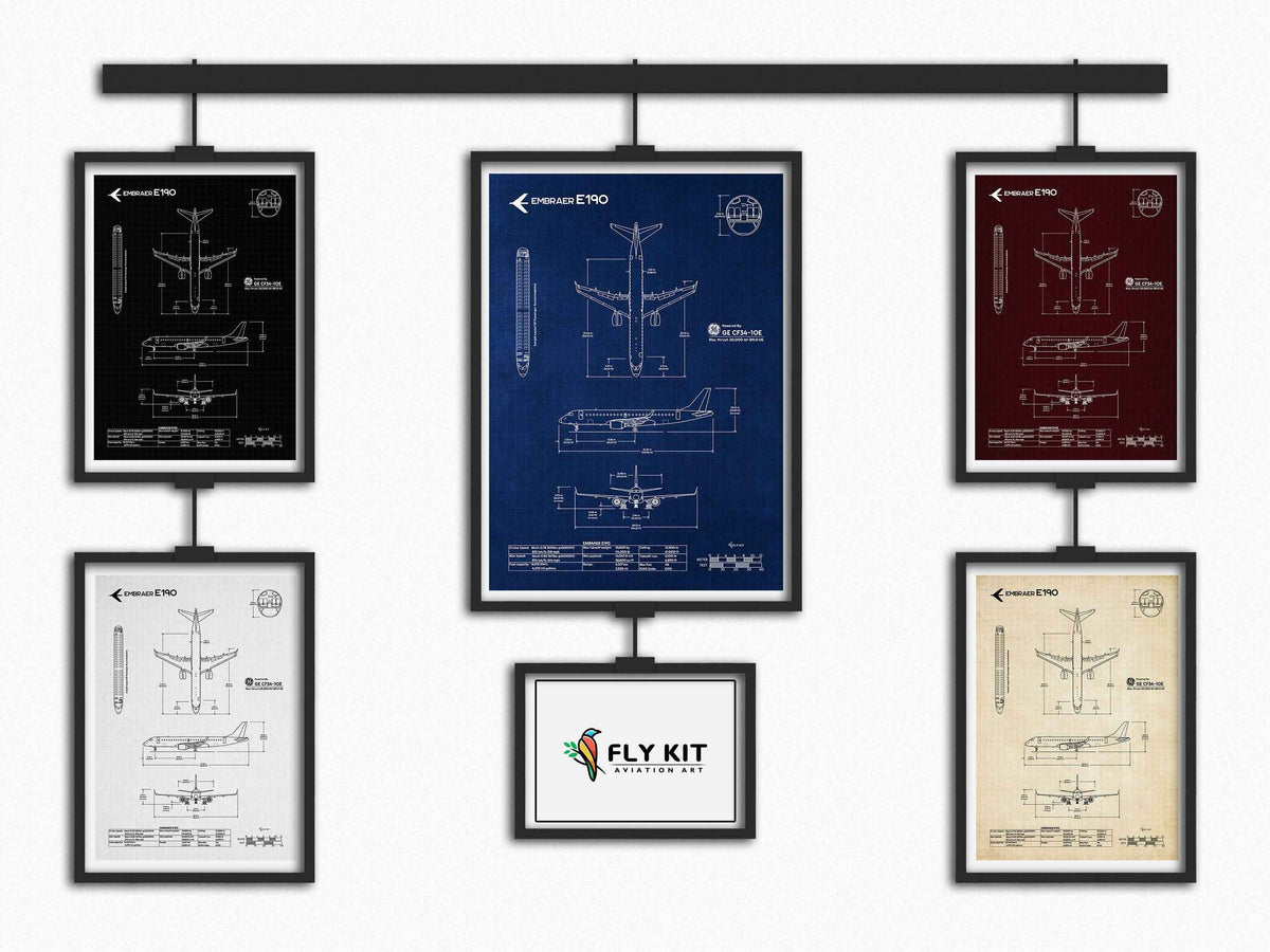 Embraer E190 Portrait Blueprint Poster collection by FlyKit in black blue maroon white and beige designs