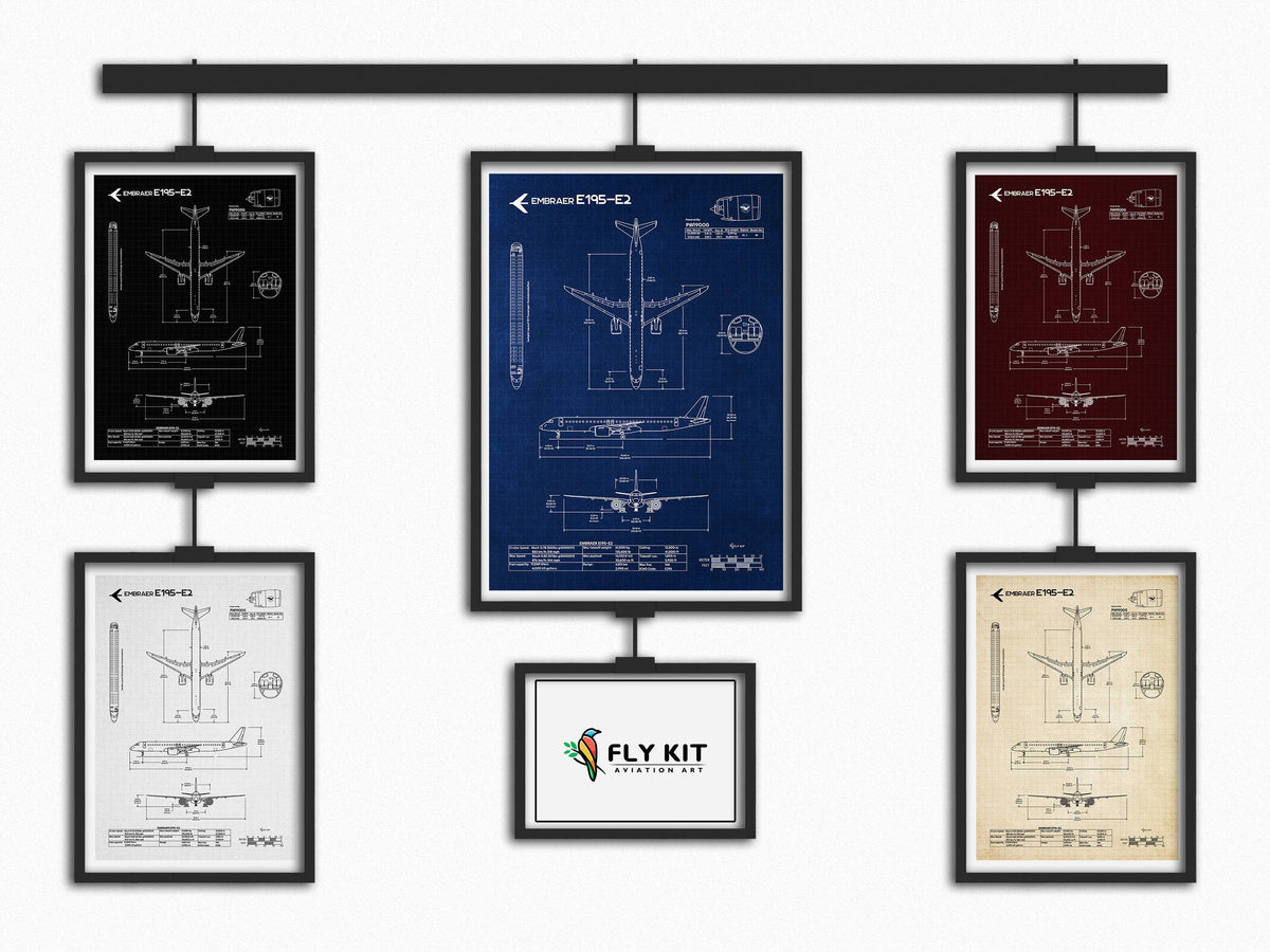 FlyKit Embraer E195-E2 Portrait Blueprint Poster in multiple color variations hanging on a display rack