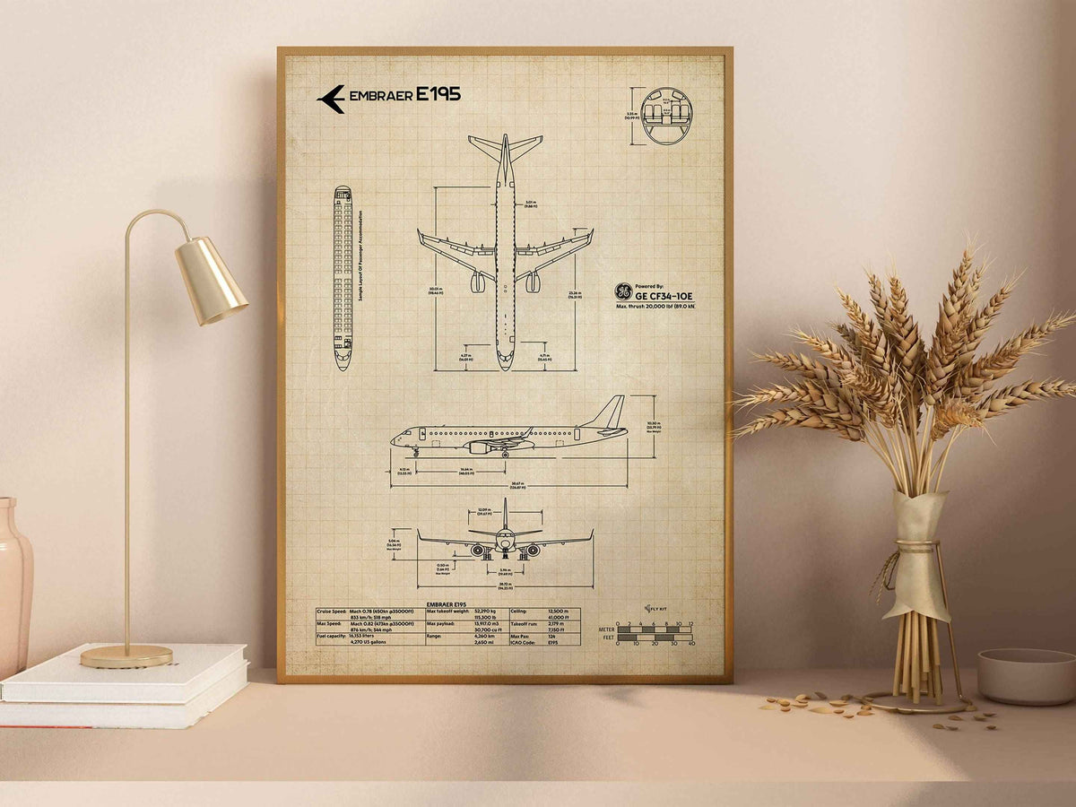 Embraer E195 Portrait Blueprint Poster by FlyKit showing detailed aircraft technical drawings in a wooden frame