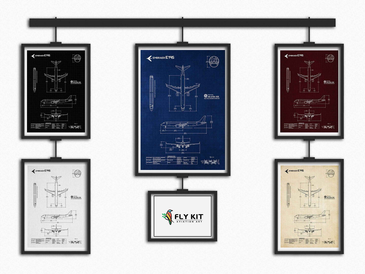 Embraer E195 Portrait Blueprint Poster collection by FlyKit showing detailed aircraft technical drawings in various colors