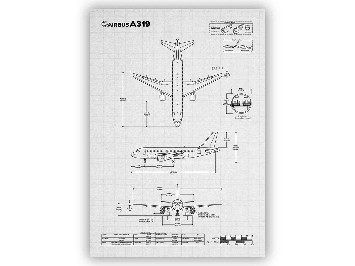 FlyKit Airbus A319 Portrait Blueprint Poster showing detailed technical aircraft drawings and measurements