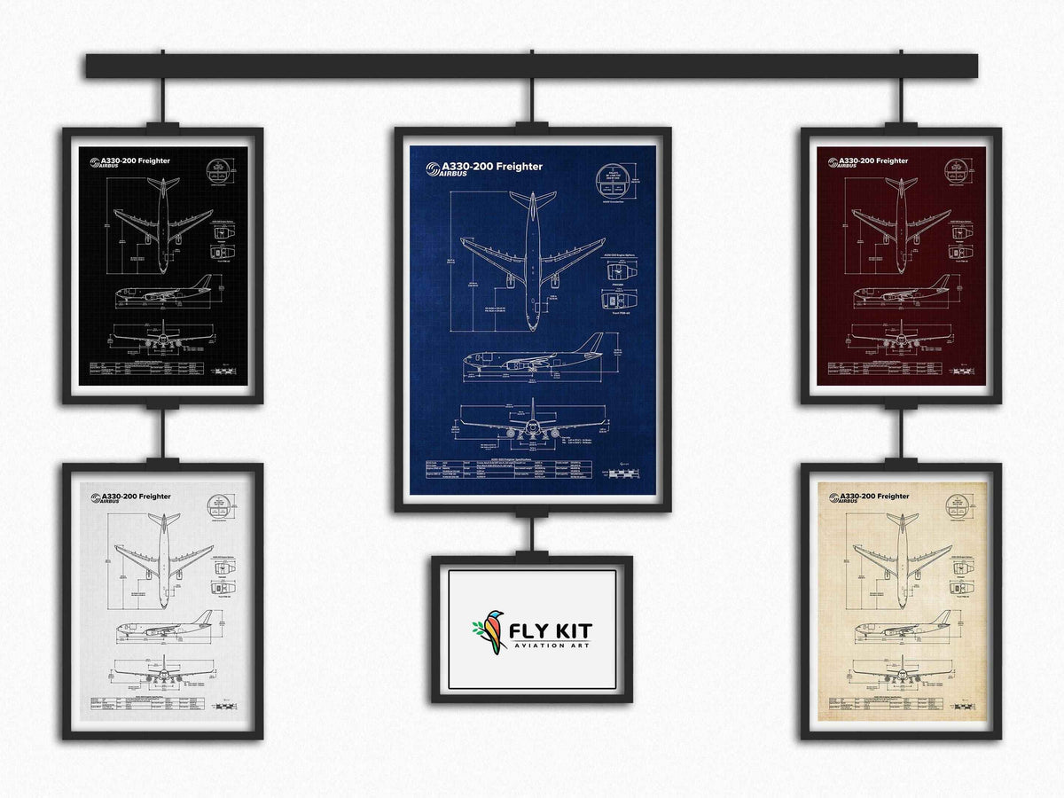 Airbus A330-200F Portrait Blueprint Poster collection by FlyKit showing detailed aircraft diagrams