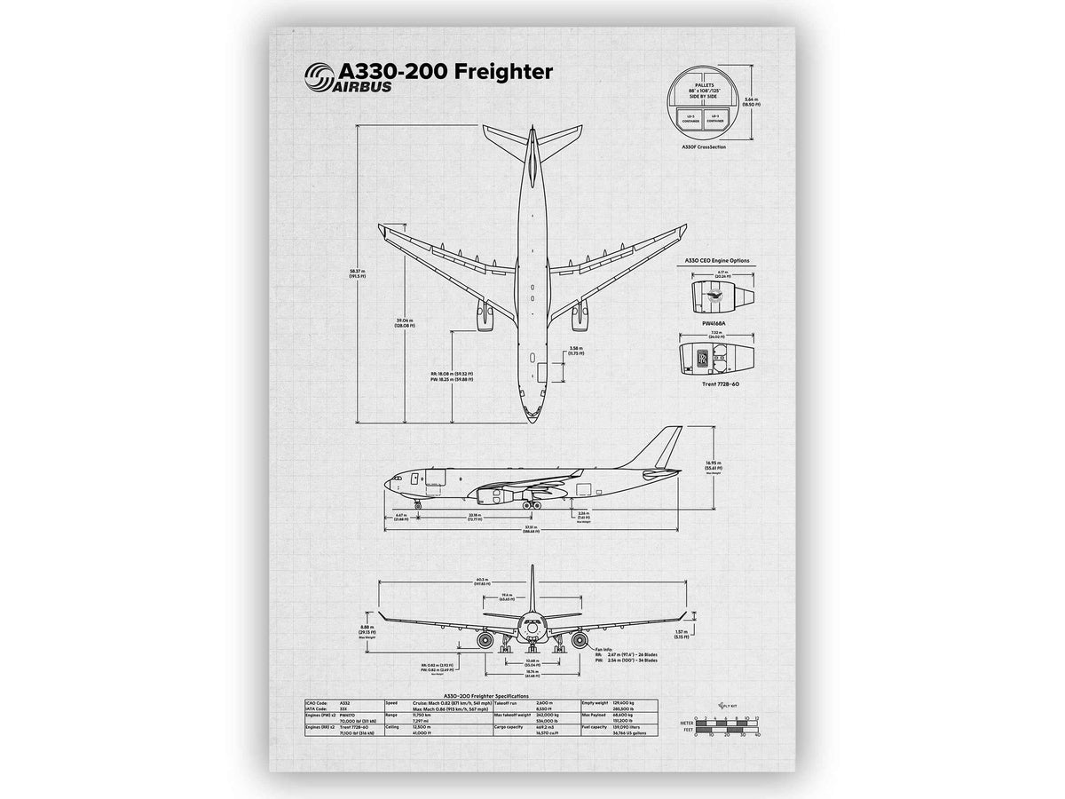 Airbus A330-200F Portrait Blueprint Poster showing detailed technical aircraft diagrams by FlyKit