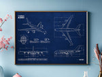 Airbus A380-800 Landscape Blueprint Poster by FlyKit showing detailed aircraft technical drawings in blue and white