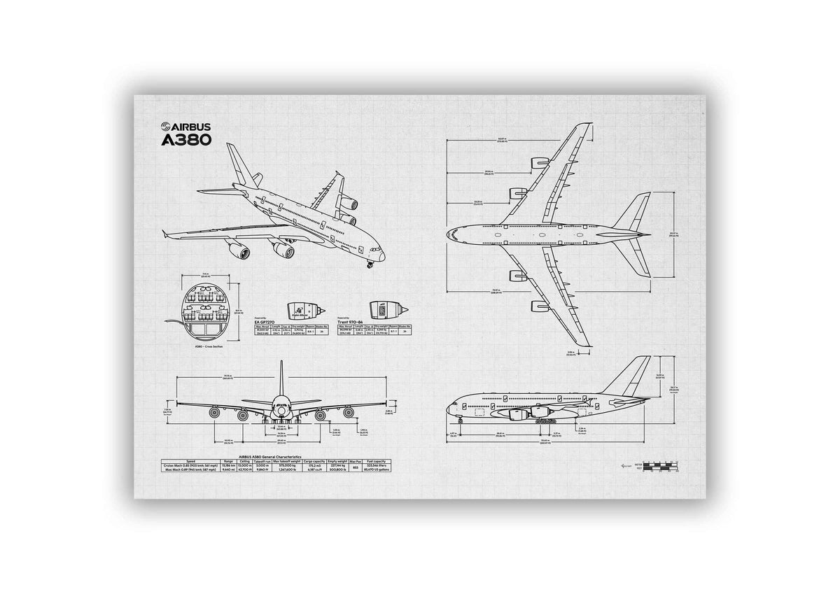 Airbus A380-800 Landscape Blueprint Poster showing detailed aircraft design views and measurements