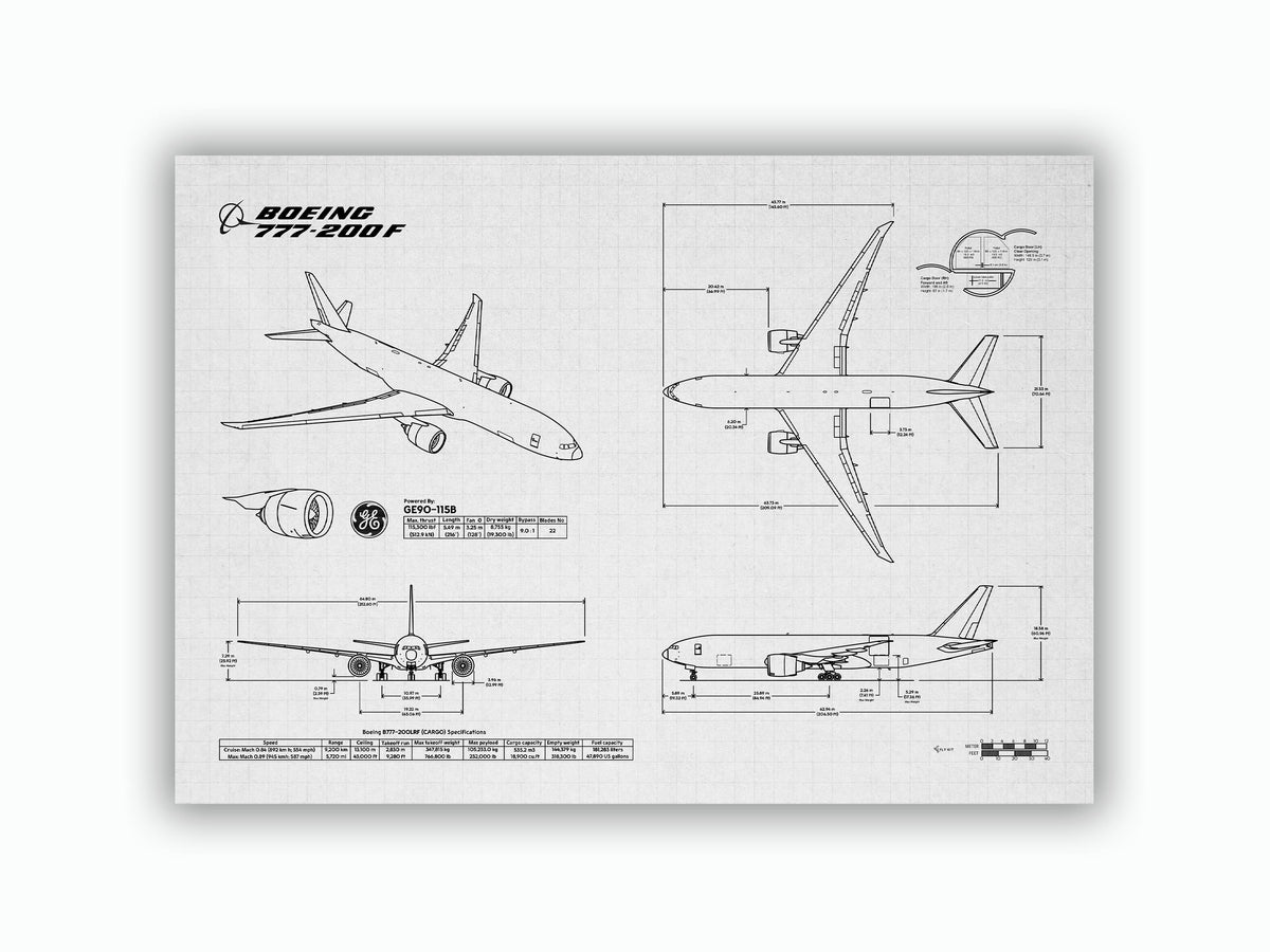 Boeing B777-200F Landscape Blueprint Poster showing detailed aircraft design and measurements