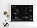 Boeing B777-200LR Landscape Blueprint Poster by FlyKit showing detailed aircraft schematics on black background