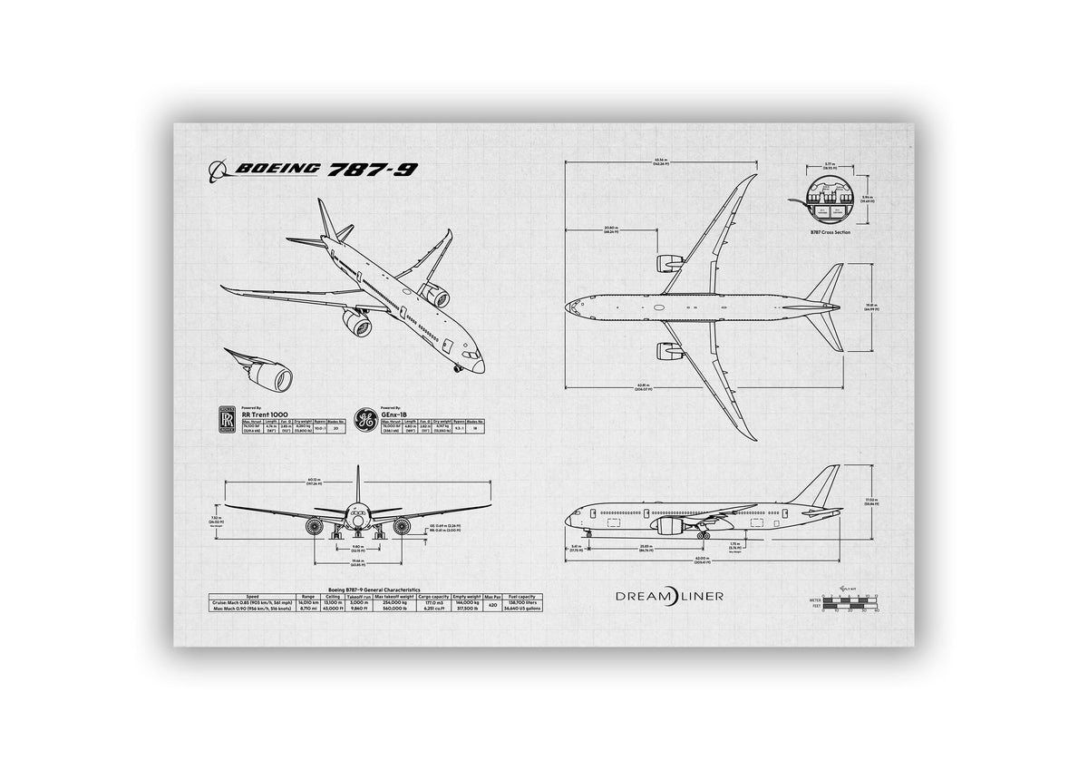 FlyKit Boeing B787-9 Landscape Blueprint Poster showing detailed aircraft technical drawings