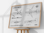 Boeing B787-9 Landscape Blueprint Poster by FlyKit showing detailed aircraft design in a wooden frame