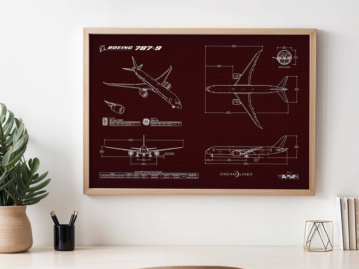 Boeing B787-9 Landscape Blueprint Poster by FlyKit showing detailed aircraft technical drawings in white on a dark red background