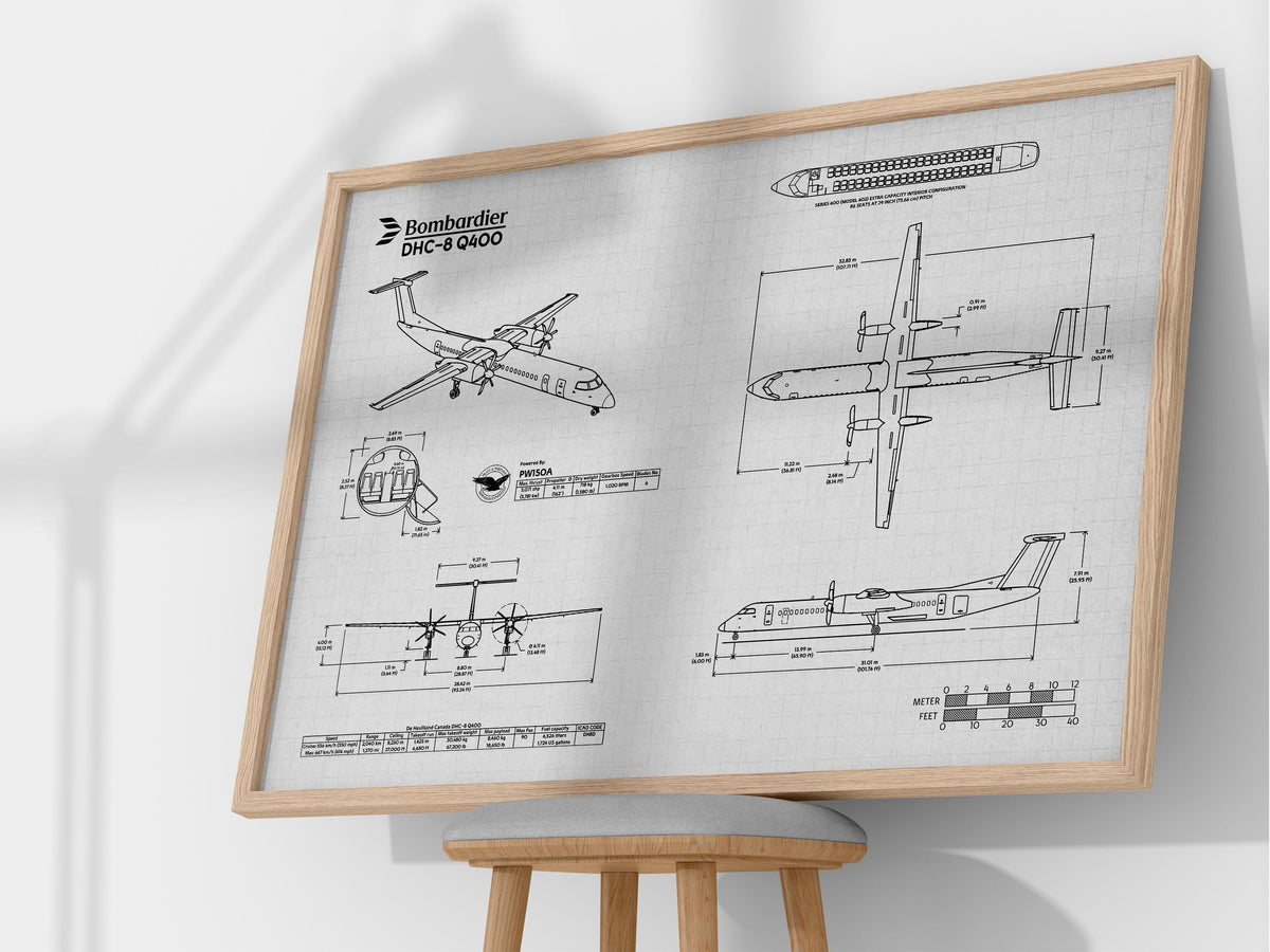 FlyKit Bombardier DHC-8 Q400 Landscape Blueprint Poster showing detailed aircraft technical drawings