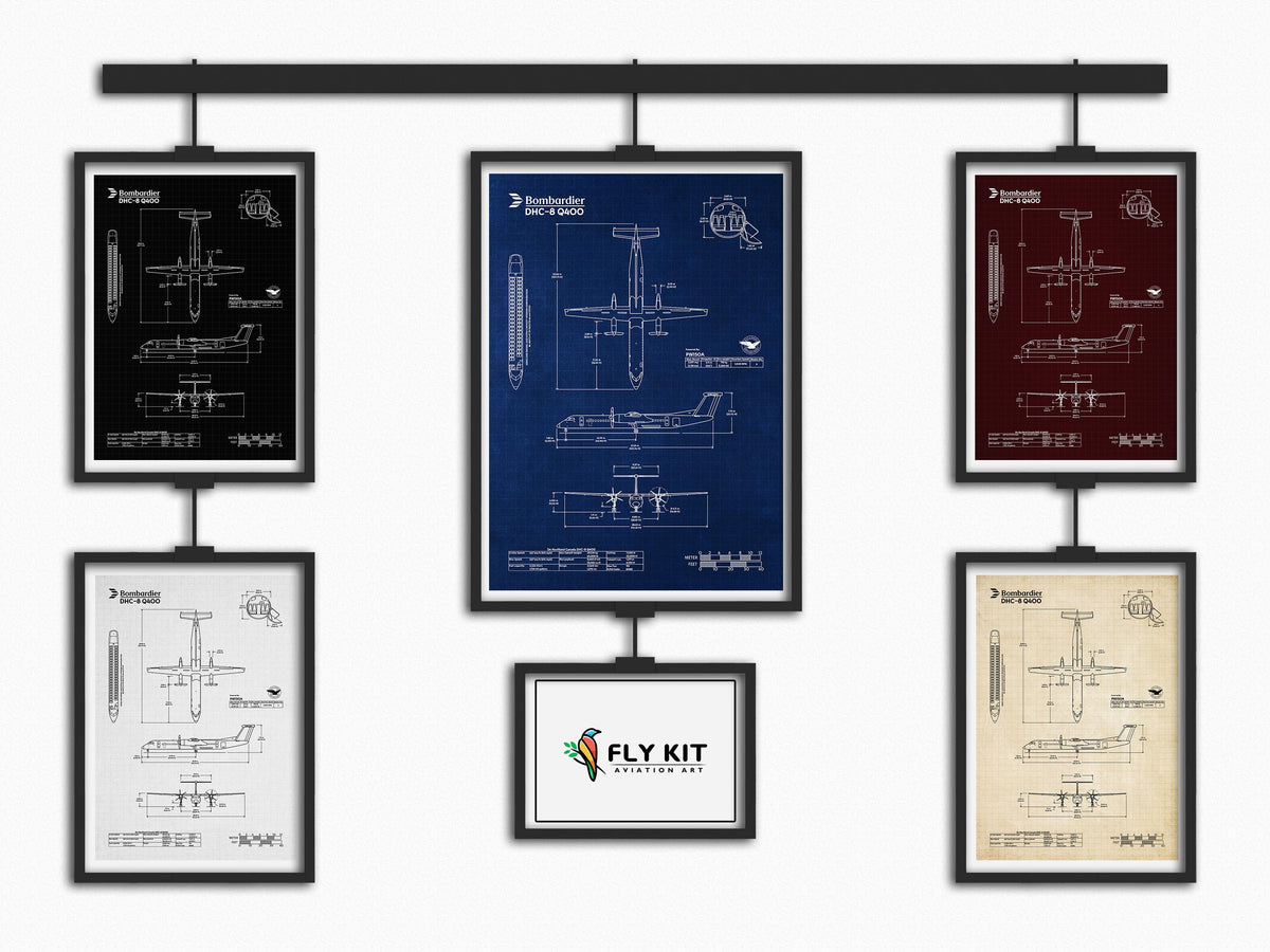 FlyKit Bombardier DHC-8 Q400 Portrait Blueprint Poster set in multiple colors for aviation print material