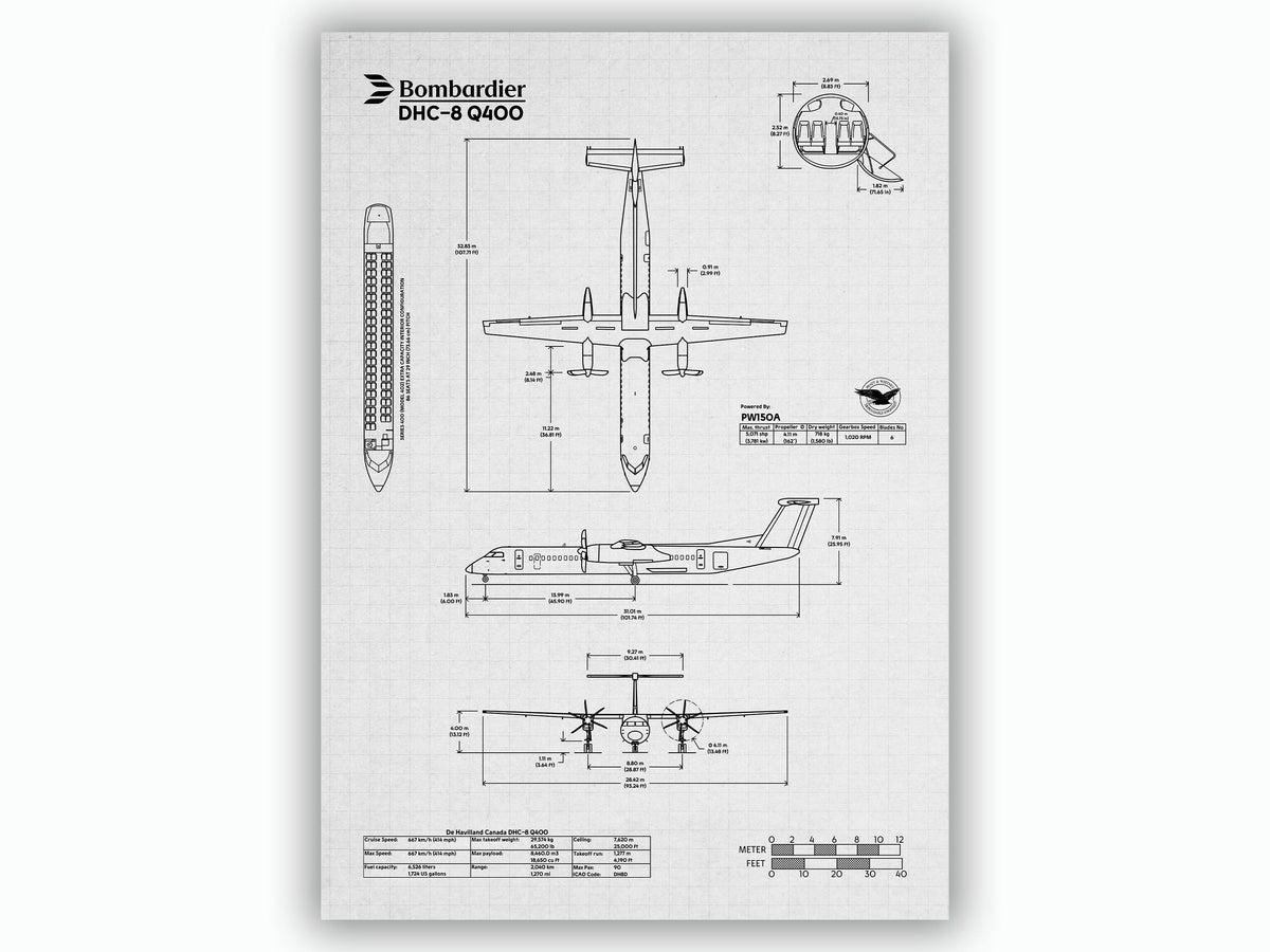 Bombardier DHC-8 Q400 Portrait Blueprint Poster showing detailed technical aircraft schematics