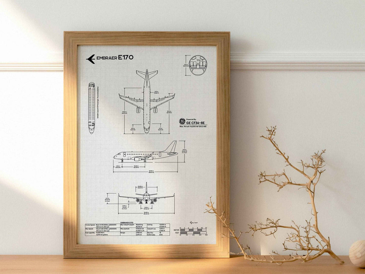 FlyKit Embraer E170 Portrait Blueprint Poster framed on wall with aircraft technical drawings