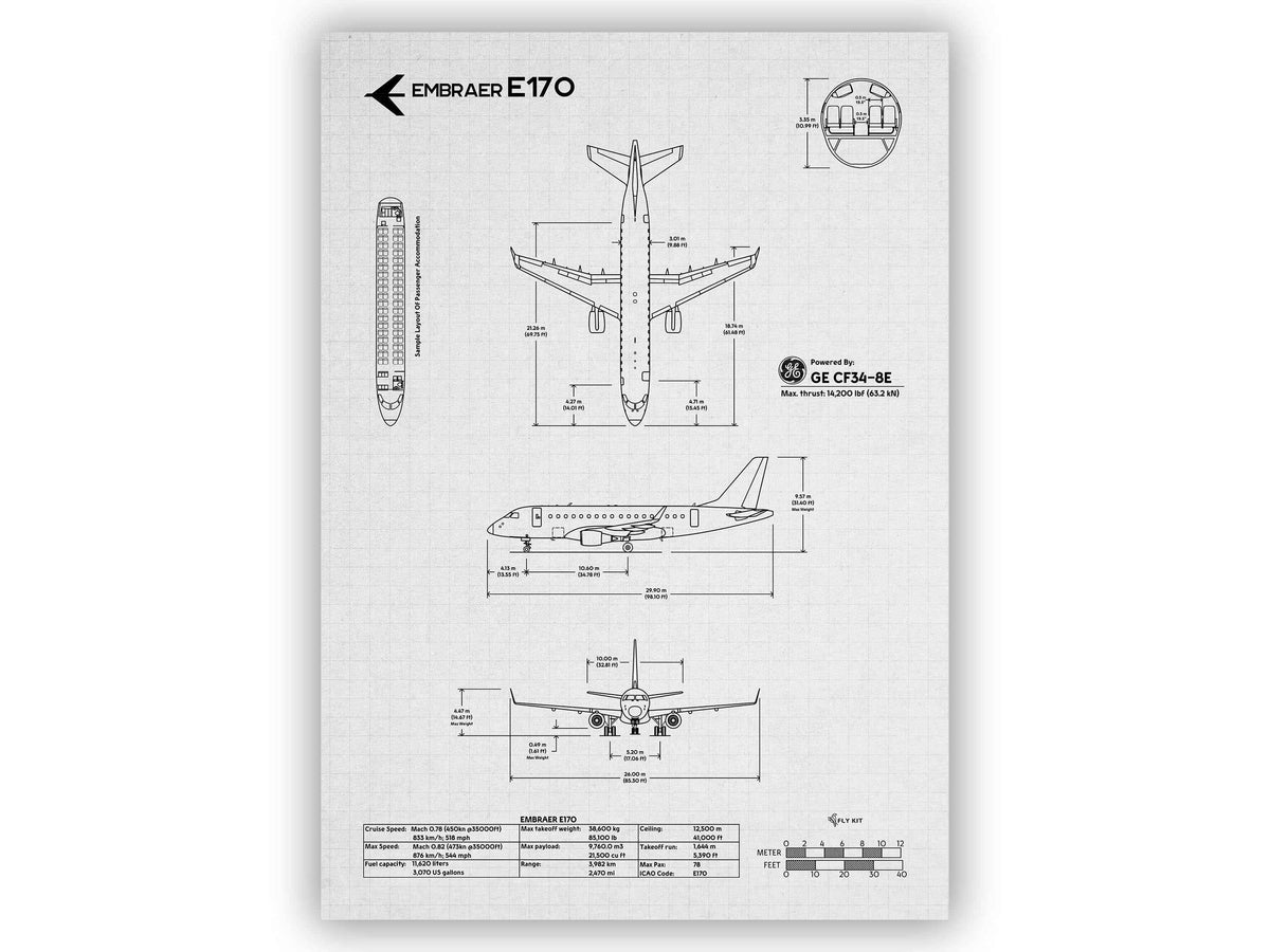 FlyKit Embraer E170 Portrait Blueprint Poster showing detailed aircraft technical drawings