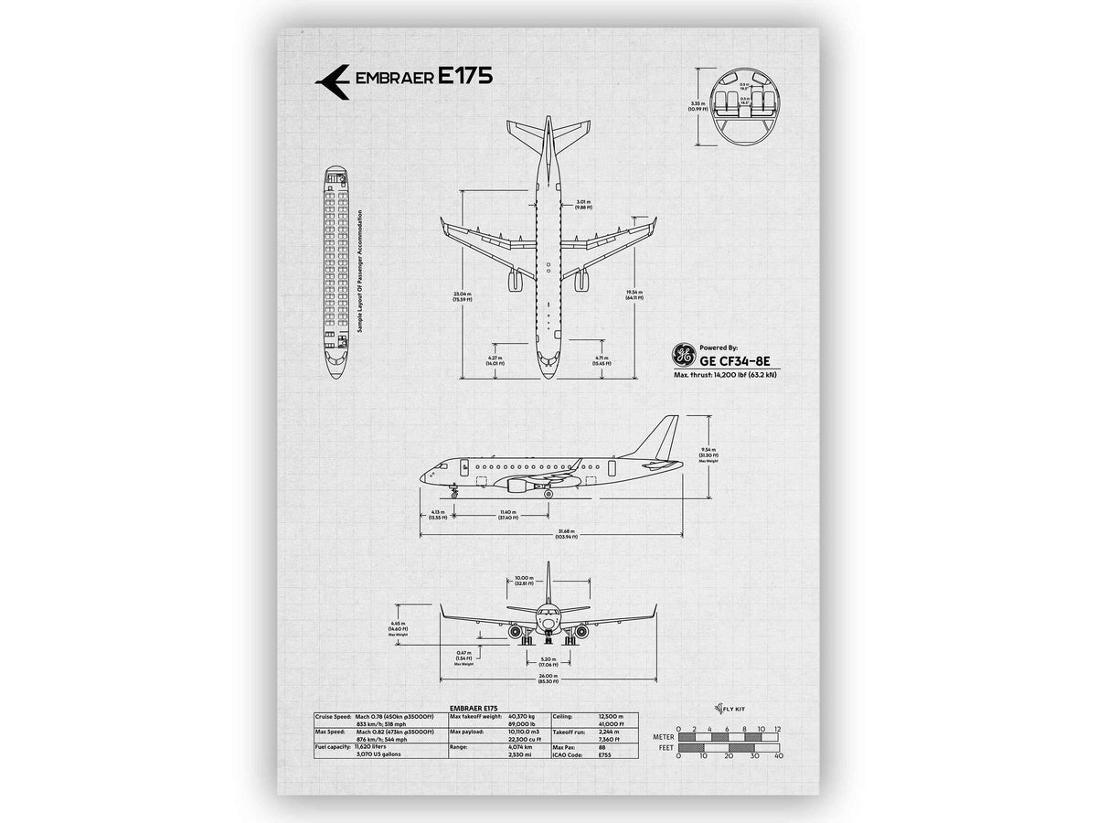 Embraer E175 Portrait Blueprint Poster showing detailed technical airplane schematics by FlyKit