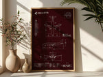 Embraer E175 Portrait Blueprint Poster by FlyKit showing detailed aircraft technical drawings on dark red background