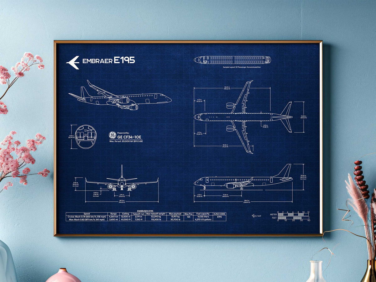 Embraer E195 Landscape Blueprint Poster by FlyKit showing detailed aircraft schematic in blue and white